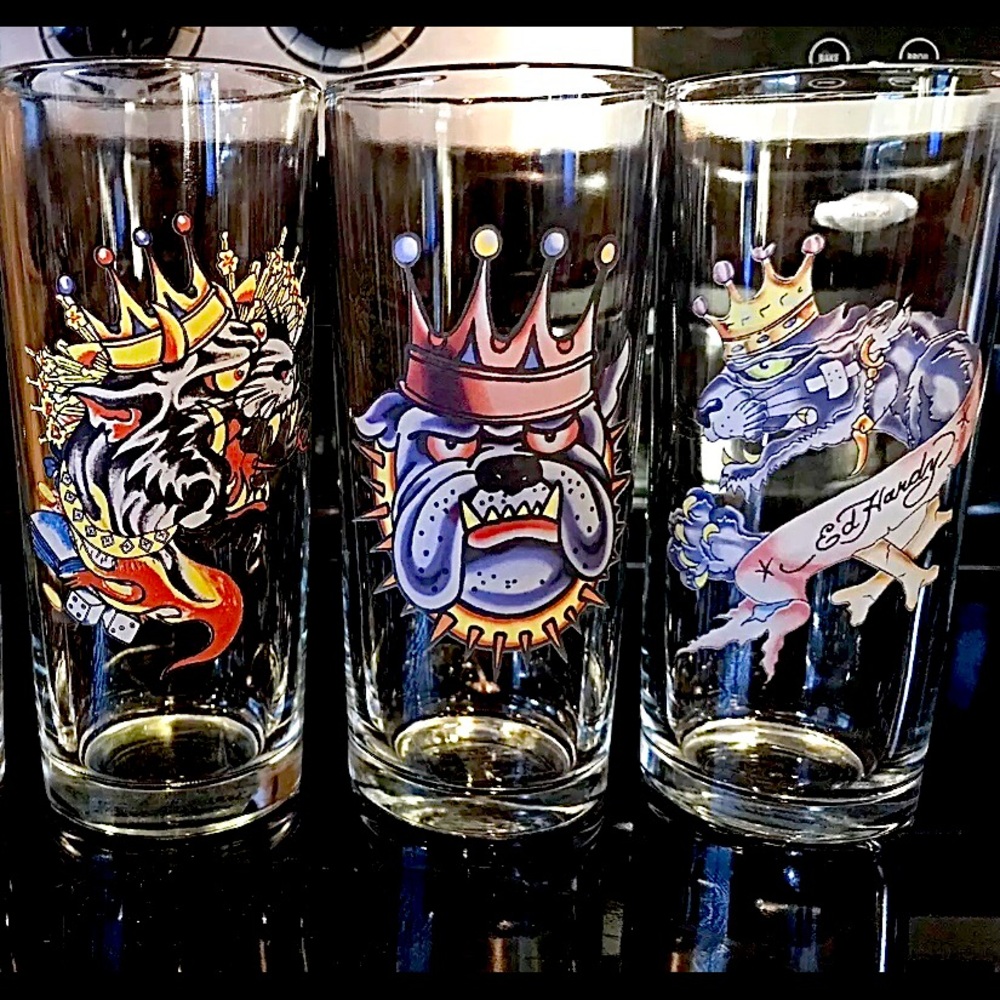 3 Ed Hardy tall glass cups